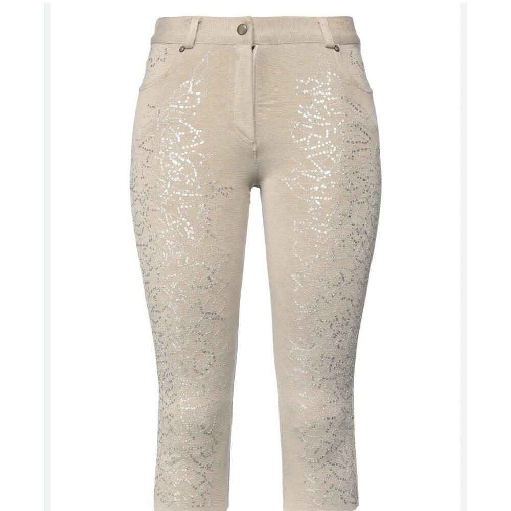 Ermanno Servino Italian Beige Embellished Pantalone Pants Size 42 US 6 NWT FLAWS